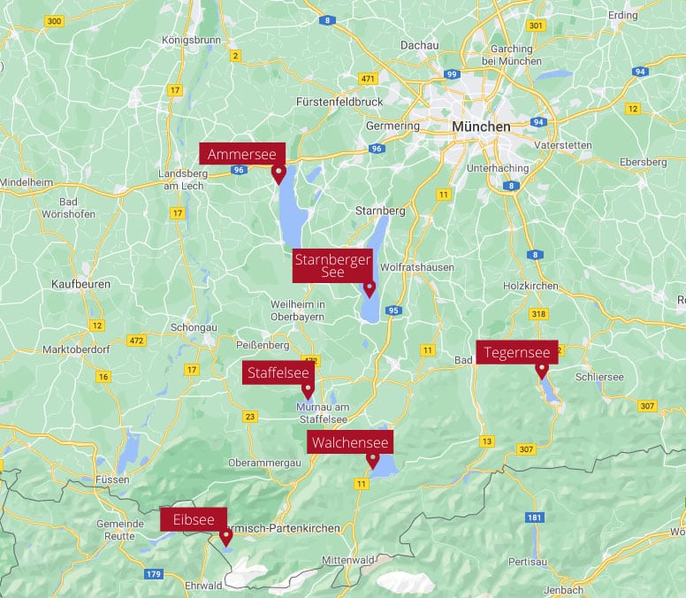 Die 6 schönsten Seen in Oberbayern Karte
