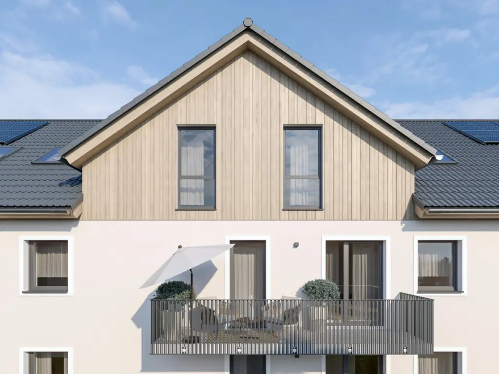 Südansicht des SCHORENBACH HOF in Buchloe-Honsolgen – barrierefreie Wohnung mit Balkon