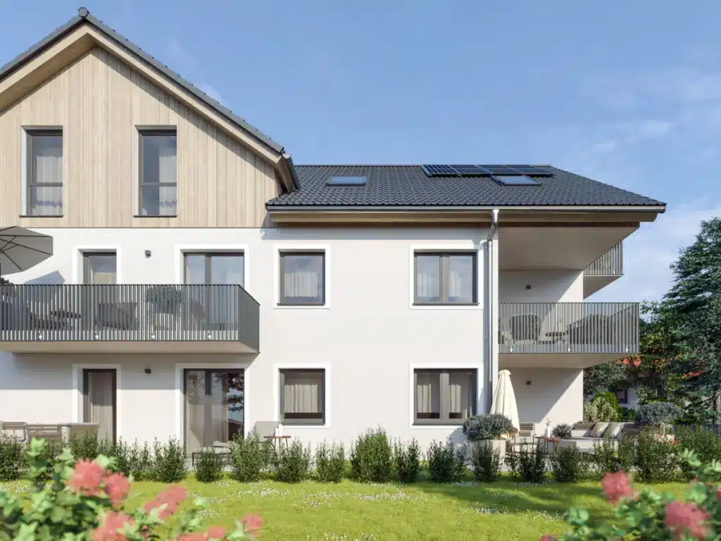 Westansicht des SCHORENBACH HOF in Buchloe-Honsolgen – barrierefreie Wohnungen mit Balkonen, Aufzug und gemeinschaftlichem Garten