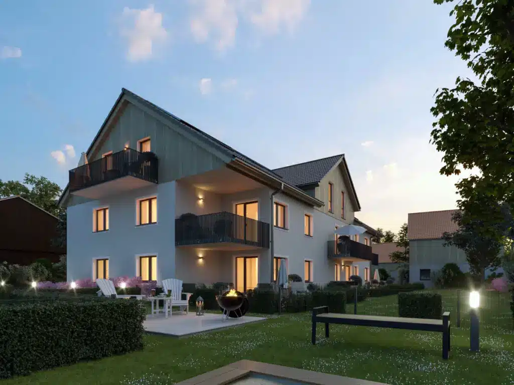 SCHORENBACH HOF in Buchloe-Honsolgen bei Nacht – barrierefreie Wohnungen mit Aufzug und stimmungsvoll beleuchteter Außenanlage